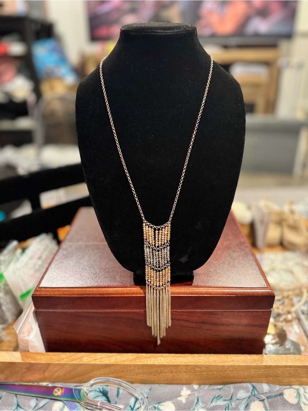 Gold and Black Beaded Fringe Necklace - Elegant Statement Jewelry